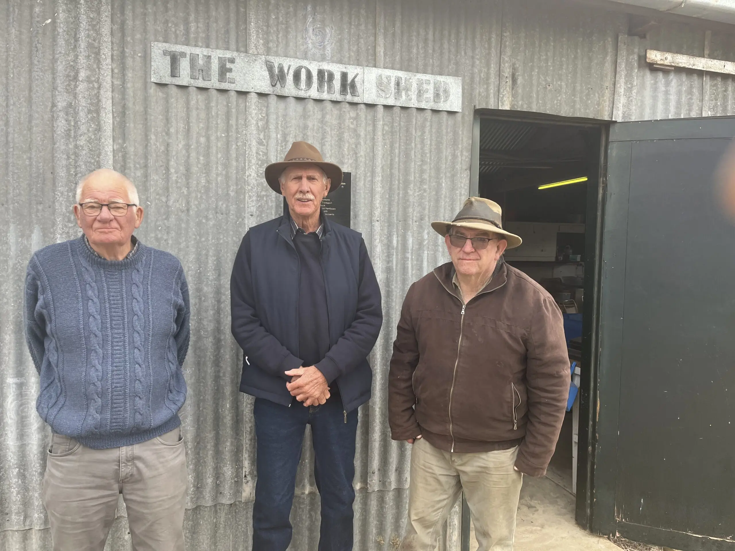 Graham Brammer (left), Lester Key and Ellis Roberts meet every Wednesday morning at the work shed behind the Sheep’s Back Museum. Graham Brammer (left), Lester Key and Ellis Roberts meet every Wednesday morning at the work shed behind the Sheep’s Back Museum.